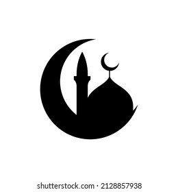 Ilustración vectorial plana del concepto del logo de la silueta de mezquita y de media luna. Adecuado para el diseño de elementos del logo de ramadan Kareem, evento islámico y celebración del día sagrado musulmán.