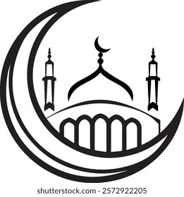 Flat vector illustration of mosque and crescent silhouette logo concept. Suitable for design elements of Ramadan Kareem, Eid al-Adha, theme logos, Islamic events, and celebrations of Muslim holy days