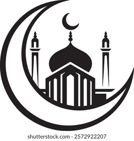 Flat vector illustration of mosque and crescent silhouette logo concept. Suitable for design elements of Ramadan Kareem, Eid al-Adha, theme logos, Islamic events, and celebrations of Muslim holy days