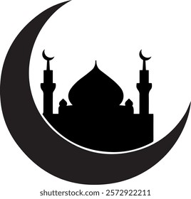 Flat vector illustration of mosque and crescent silhouette logo concept. Suitable for design elements of Ramadan Kareem, Eid al-Adha, theme logos, Islamic events, and celebrations of Muslim holy days