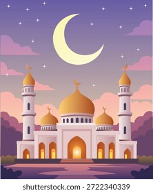 Ilustração de vetor plano da mesquita com lua crescente à noite