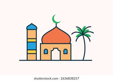 A flat vector illustration of a mosque with a palm tree, set against a light background, perfect for Islamic themed designs