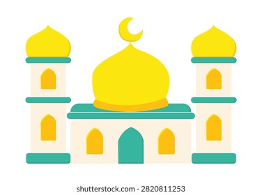 A flat vector illustration of a mosque with yellow domes and a crescent moon symbol against a white background.