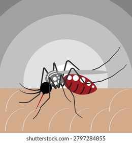 Flat vector illustration of a mosquito biting human skin filled with blood. Aedes aegypti or anopheles insect vector for dengue and malaria awareness concept.