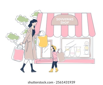 Flat vector illustration of a mother and daughter shopping in front of a souvenirs shop. The child carries a bag, and the store displays decorative items in a cheerful and stylish scene