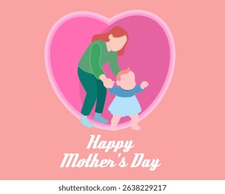 Flat vector illustration of a mother and daughter holding hands inside a heart shape with text "Happy Mother's Day". Perfect for greeting cards, posters, and Mother's Day celebration designs