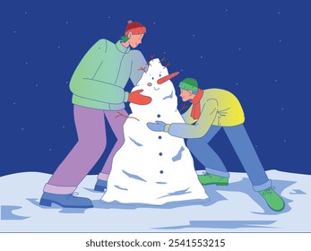 Flat vector illustration of a mother and her teenage son building a snowman at night, celebrating New Year and Christmas. Casual winter clothing, joyful expressions, family bonding, festive spirit.