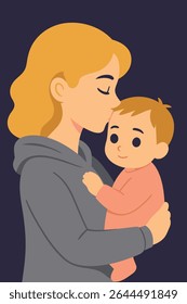 Ilustração de vetor plano de uma mãe beijando carinhosamente seu bebê. Ideal para pais, maternidade, amor de família e temas de ligação emocional.