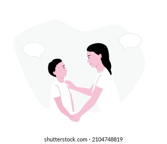 Flat Vector Illustration Of Mother And Son Encourage Mental Health Awareness, Family Talking.