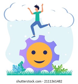 Flat vector illustration of motivation, Optimism, positive thinking concept. Male character with smiling face symbol.
