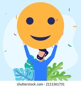 Flat vector illustration of motivation, Optimism, positive thinking concept. Male character with smiling face symbol.