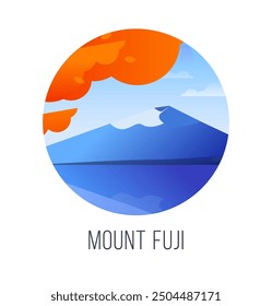 Flat vector illustration with Mount Fuji against a blue sky, surrounded by vibrant autumn foliage. Fall travel concept. Popular destination in Japan