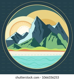 A flat vector illustration of mountain landscape with lake and some dotted lines in a circle frame. The picture depicts summer morning scene.