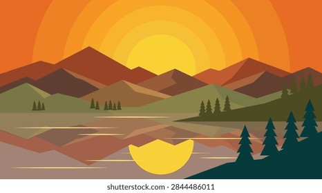 A flat vector illustration of a mountain landscape at sunset, featuring layered hills, a reflective lake, and pine trees, rendered in a minimalist geometric style with warm orange and yellow tones.
