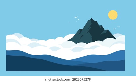 Flat vector illustration of mountain range above clouds with mountain, landscape