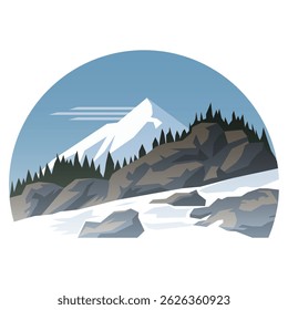 A flat vector illustration of a mountain scene