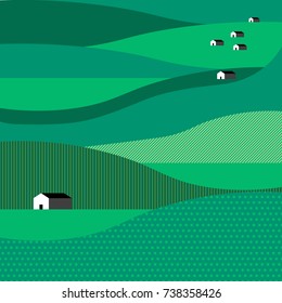 Flat vector illustration with mountains, with hills, houses, cottages on green background. Color image. Icon with elements of nature. Beautiful geometric illustration. Landscape night composition.