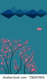 Flat vector illustration with mountains, lake, sakura on night background. Color image with a boat. Icon with elements of nature. Beautiful geometric illustration. Landscape night composition.