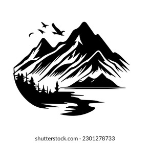 Flat vector illustration of mountains silhouette with fluttering birds near the peaks