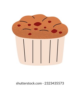 Flat vector illustration of a muffin with pieces of berries. Sweet pastries, confectionery, delicious cupcake with filling. Isolated design on a white background.