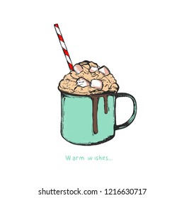 Flat vector illustration - Mug with hot drink. Winter dessert beverage. Cup of hot chocolate with marshmallows