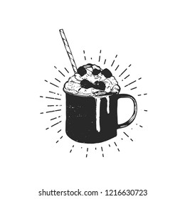 Flat vector illustration - Mug with hot drink. Winter dessert beverage. Cup of hot chocolate with marshmallows