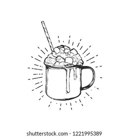 Flat vector illustration - Mug with hot drink. Winter dessert be