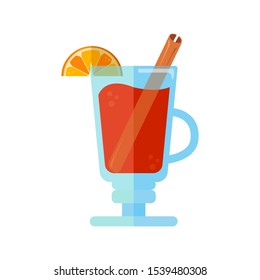 Flat vector illustration of mulled wine with cinnamon stick and citrus fruit isolated on a white background. Traditional alcoholic beverage during winter. Popular hot Christmas drink