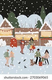 Flache Vektorgrafik multikultureller Menschen auf dem Winterweihnachtsmarkt. Kaukasische und afrikanisch-amerikanische Familien kaufen Geschenke ein, gehen im Schnee mit Kind und Hund in der Nähe von mit Holz verzierten Ständen spazieren.