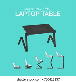 Flat vector illustration of multifunctional portable laptop table. Furniture for easy working. 
