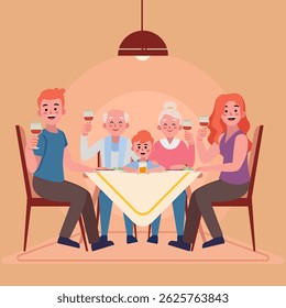 Flat vector illustration of a multigenerational family dining together at home. Perfect for concepts like family bonding, celebration, grandparents, parenting, tradition, and happy lifestyle moments.