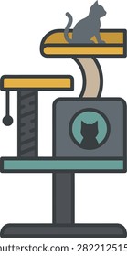 A flat vector illustration of a multi-level cat tree with a cat sitting on top and another cat silhouette inside the cubby hole.