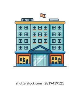 A flat vector illustration of a multistory department store with shop windows displaying clothing and mannequins