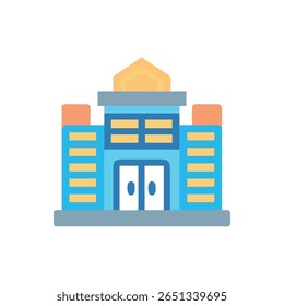 A flat vector illustration of a municipal building with a minimalist style and simple geometric shapes. The color palette is pastel and bright.