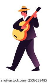 Ilustração vetor plana de um músico andando com uma guitarra, desenhada em um estilo minimalista. Isolado sobre fundo branco, adequado para projetos culturais ou musicais.