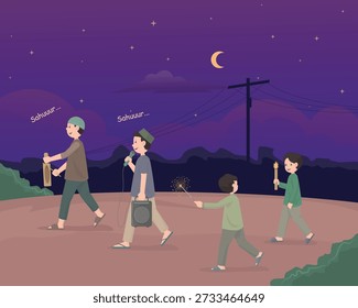 Ilustrasi vektor datar anak-anak Muslim berjalan bersama di malam hari sambil membangunkan orang-orang untuk sahur menggunakan gendang tradisional, mikrofon, obor, dan kembang api dengan latar belakang minimalis, konsep Ramadan dan tradisi Islam.