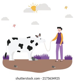 Flat Vector Illustration of the Muslim holiday. Eid Al Adha Mubarak celebration | Cow For Qurban