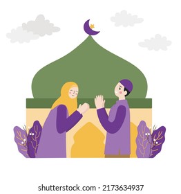 Flat Vector Illustration of the Muslim holiday. Eid Mubarak celebration | Saying Sorry Illustration