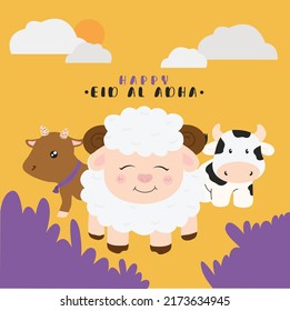 Flat Vector Illustration of the Muslim holiday. Eid Al Adha Mubarak celebration