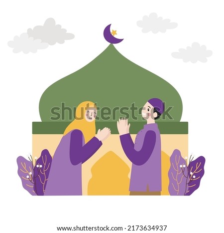Flat Vector Illustration of the Muslim holiday. Eid Mubarak celebration | Saying Sorry Illustration