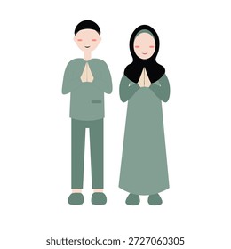 Ilustración vectorial plana de un hombre y una mujer musulmanes vestidos con ropa modesta, saludando con respeto. Adecuado para Ramadán, Eid al-Fitr, celebración islámica y conceptos de saludo religioso.