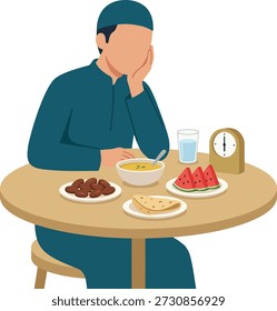 Flat vector illustration of a Muslim man sitting at a dining table waiting for iftar during Ramadan fasting, with traditional food, water and a clock showing meal time.