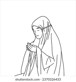 Flat vector illustration of a Muslim woman in prayer robes, hands raised in supplication, Devoted, featuring an outlined style. Ideal for web graphics, social media