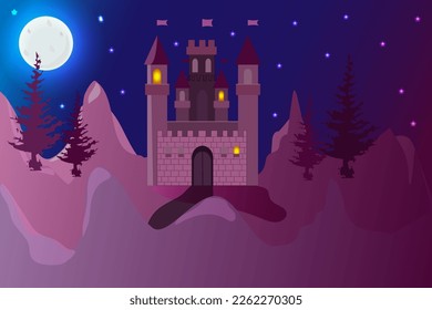 
Flat vector illustration mystical magic castle, night landscape, mysterious scenery under moonlight