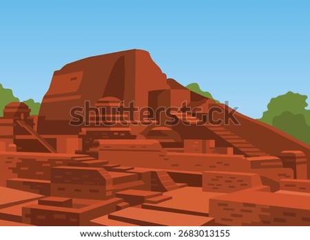 Flat vector illustration of Nalanda Mahavihara ruins, ancient Nalanda University site in Bihar India, historical red brick Buddhist monastery, heritage monument design for education, culture, travel