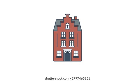 A flat vector illustration of a narrow red brick building featuring a stepped gable roof, multiple windows, and a central arched doorway.