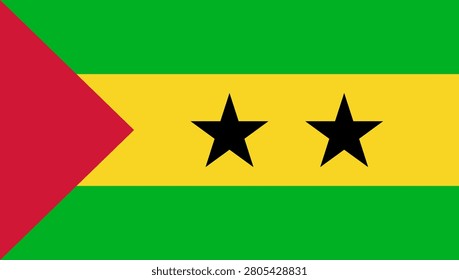 Flat vector illustration of the national flag of Sao Tome and Principe with stars and stripes isolated on a white background.