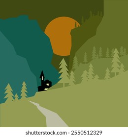 flat vector illustration of natural scenery at night, pine tree elements