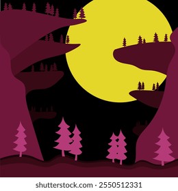 flat vector illustration of natural scenery at night, pine tree elements