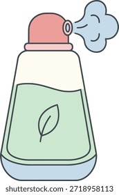 A flat vector illustration of a natural spray bottle with a green leaf icon and mist puff. Ideal for organic beauty branding, aromatherapy, and eco friendly skincare designs.
